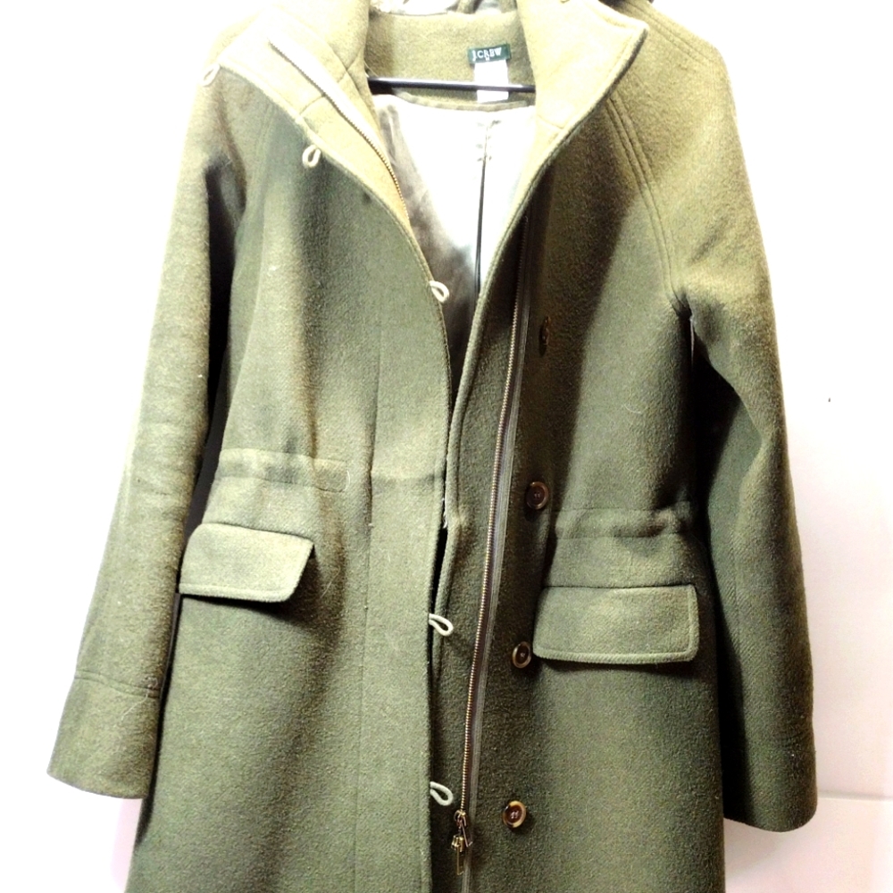 J. Crew Army Green Hooded Wool Peacoat l Acetate Lining l Size Small